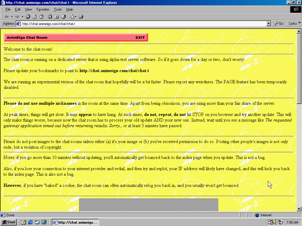 The page top of AnimEigo Chat, with a pink banner to exit and an introduction on a yellow background.