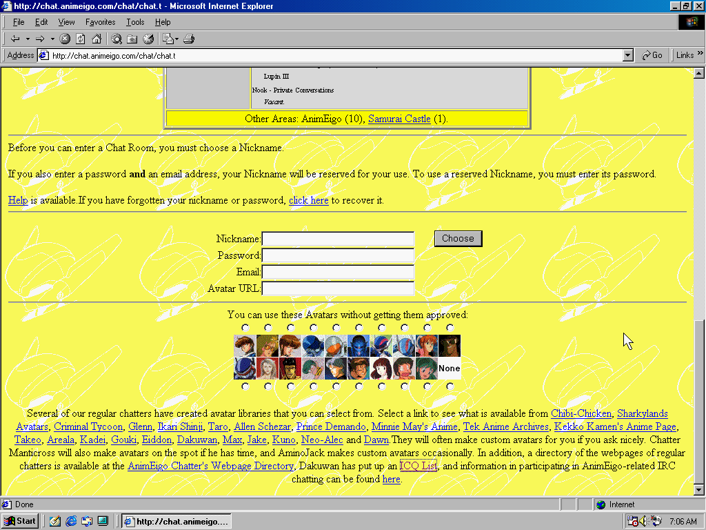 The page bottom of AnimEigo Chat, with a list of avatars available.