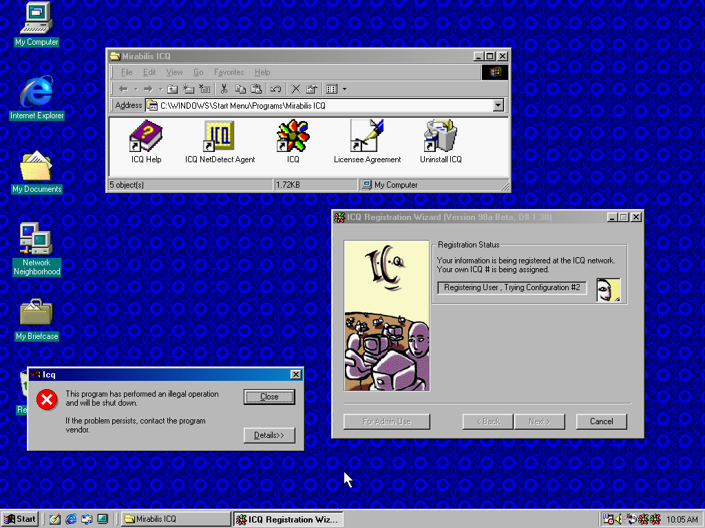 Error dialogue while setting up ICQ on Windows 98.