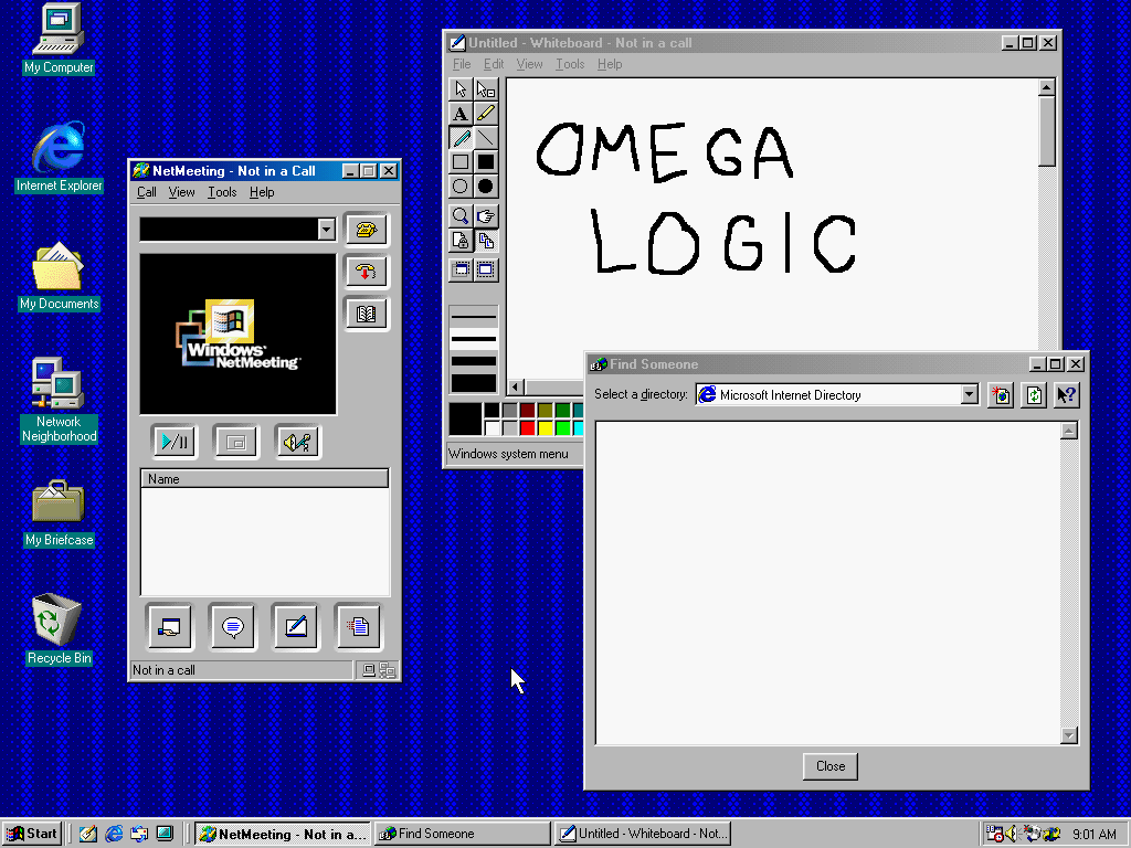 Microsoft NetMeeting with its main call panel, empty directory, and whiteboard.