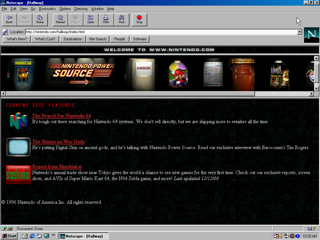 Nintendo Web site with frames for navigation.