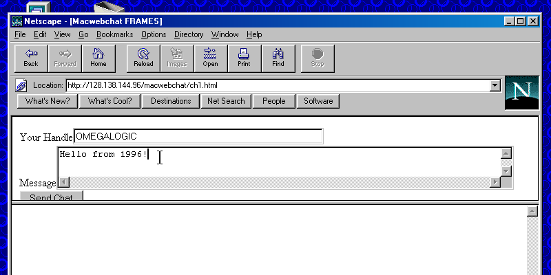 Screenshot of macwebchat with its message input form filled out and a blank chat room.