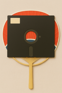 A floppy disk sitting on top of a Japanese hand fan.