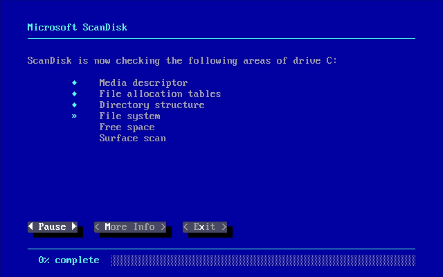 Microsoft ScanDisk looking at the hard disk for errors