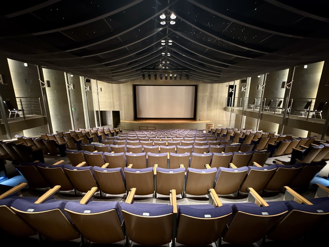 Chairs and the faux starry sky ceiling of the auditorium seens from behind the seats