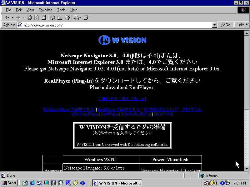 A page detailing instructions on what to set up before being able to use W VISION, followed by buttons at the bottom to download the required software.