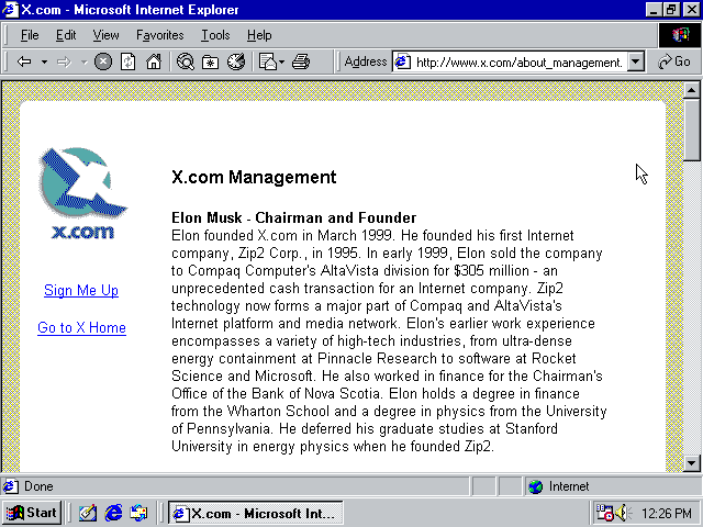 Page about x.com and Elon Musk in 1999
